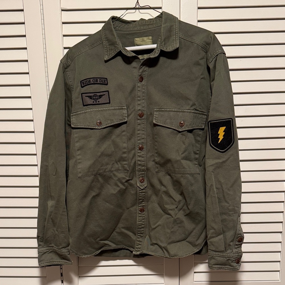Men's Olive Green Button Down with Patches